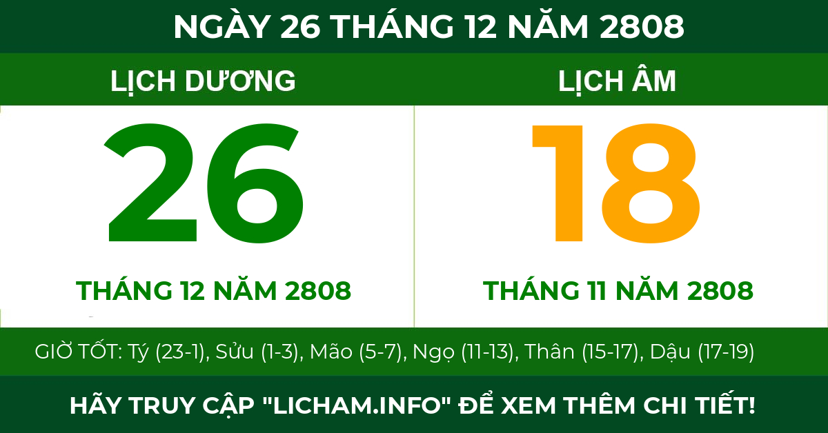 lịch âm ngày 26 tháng 12 năm 2808