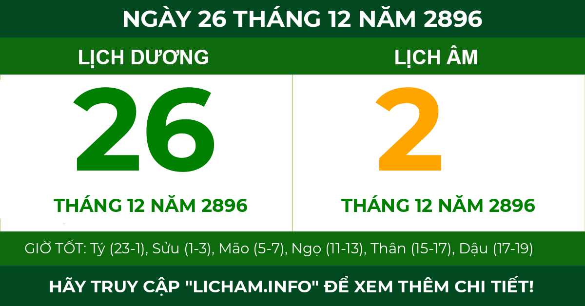 lịch âm ngày 26 tháng 12 năm 2896