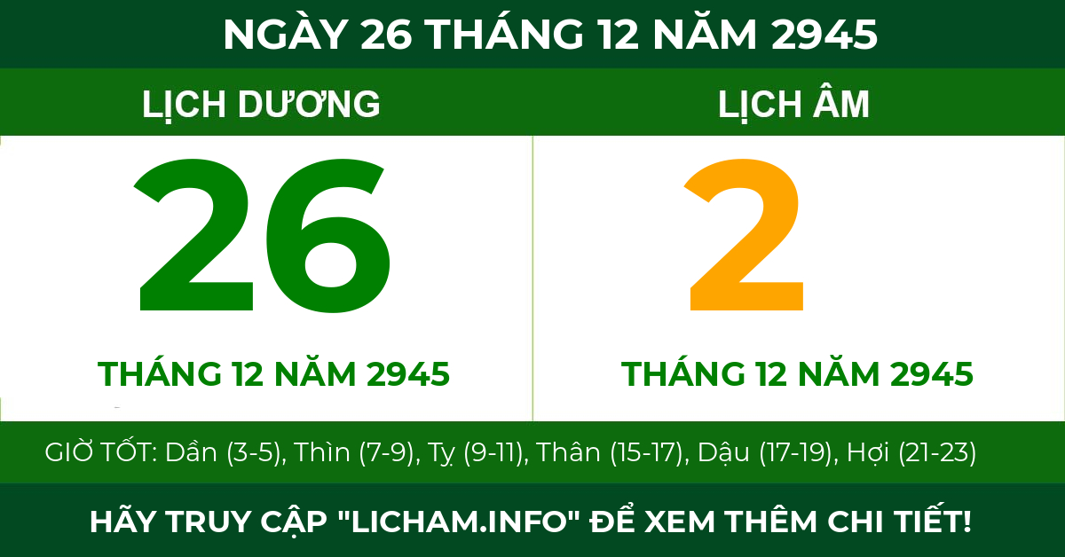 lịch âm ngày 26 tháng 12 năm 2945