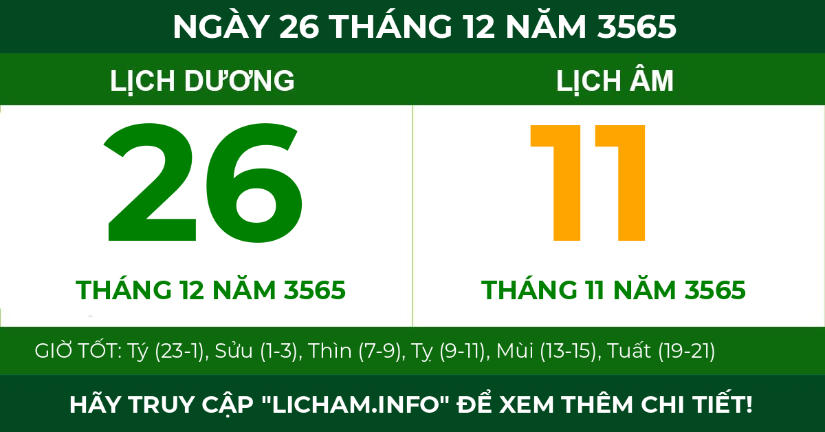 lịch âm ngày 26 tháng 12 năm 3565