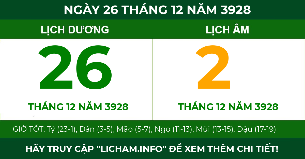 lịch âm ngày 26 tháng 12 năm 3928