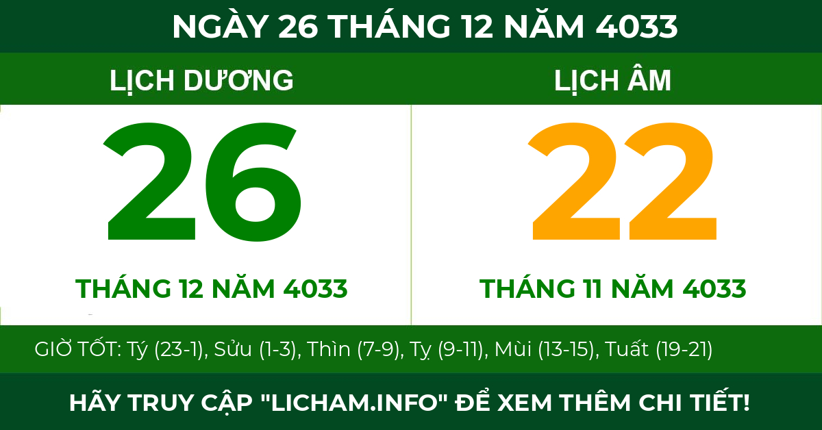 lịch âm ngày 26 tháng 12 năm 4033