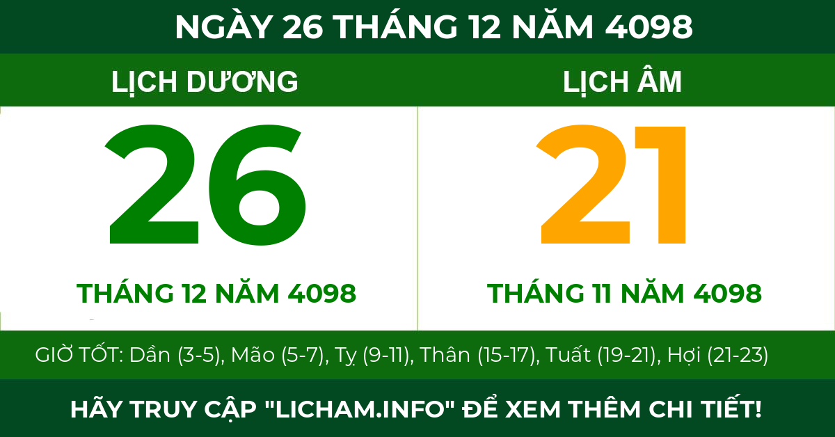 lịch âm ngày 26 tháng 12 năm 4098