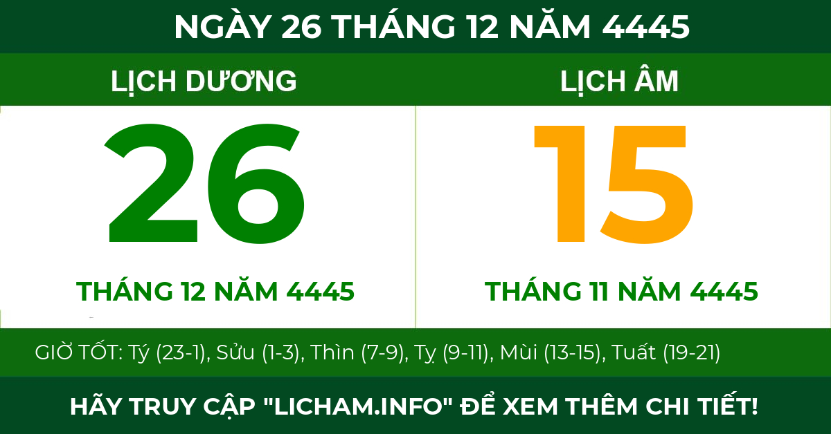 lịch âm ngày 26 tháng 12 năm 4445