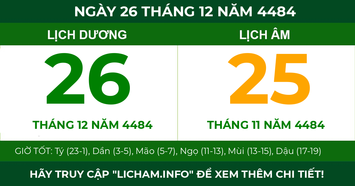 lịch âm ngày 26 tháng 12 năm 4484