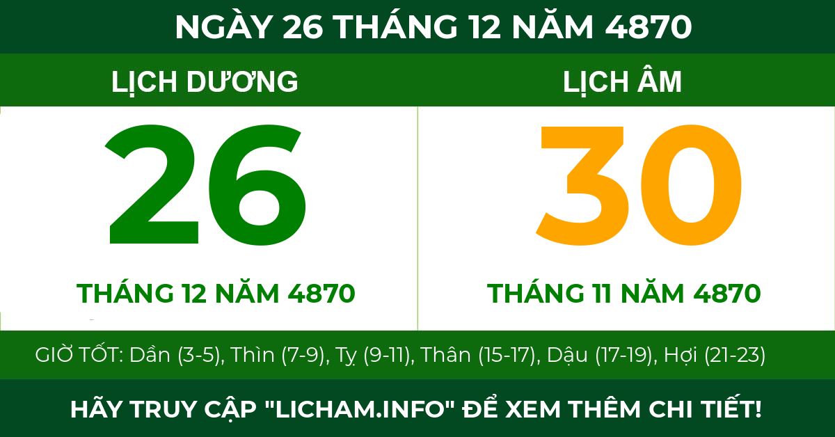 lịch âm ngày 26 tháng 12 năm 4870