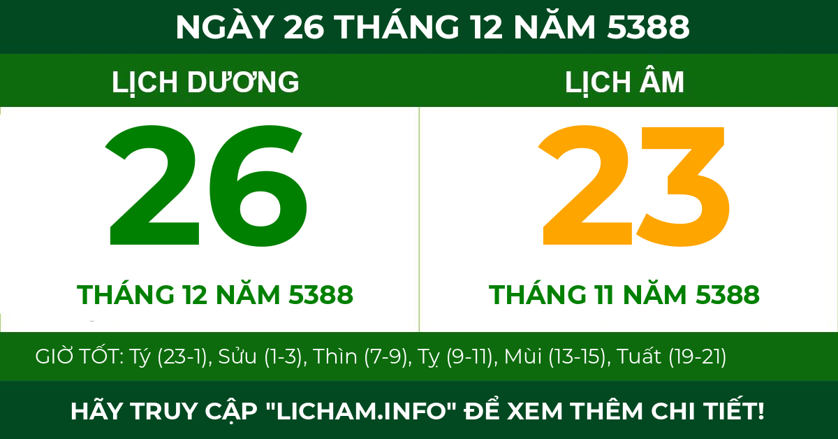 lịch âm ngày 26 tháng 12 năm 5388