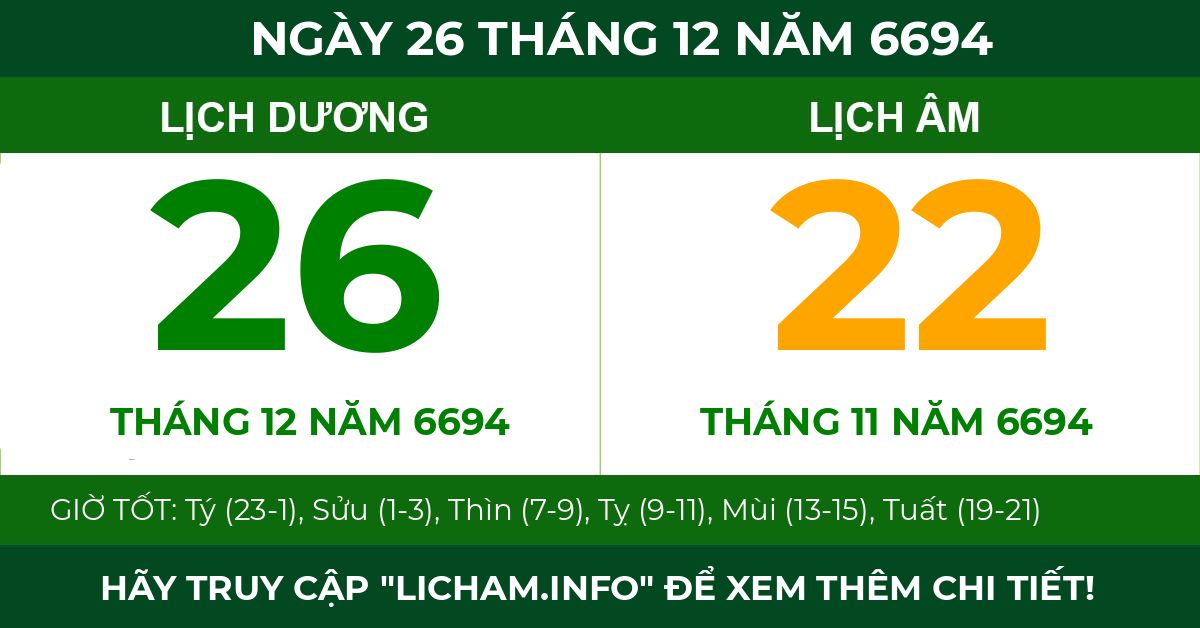 lịch âm ngày 26 tháng 12 năm 6694
