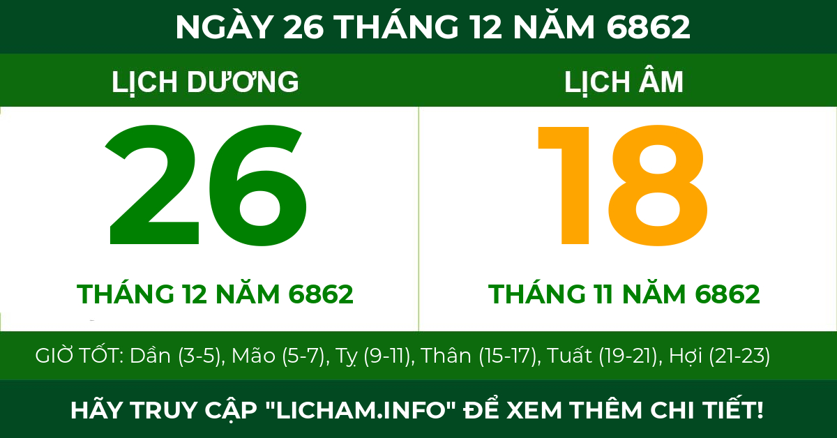 lịch âm ngày 26 tháng 12 năm 6862
