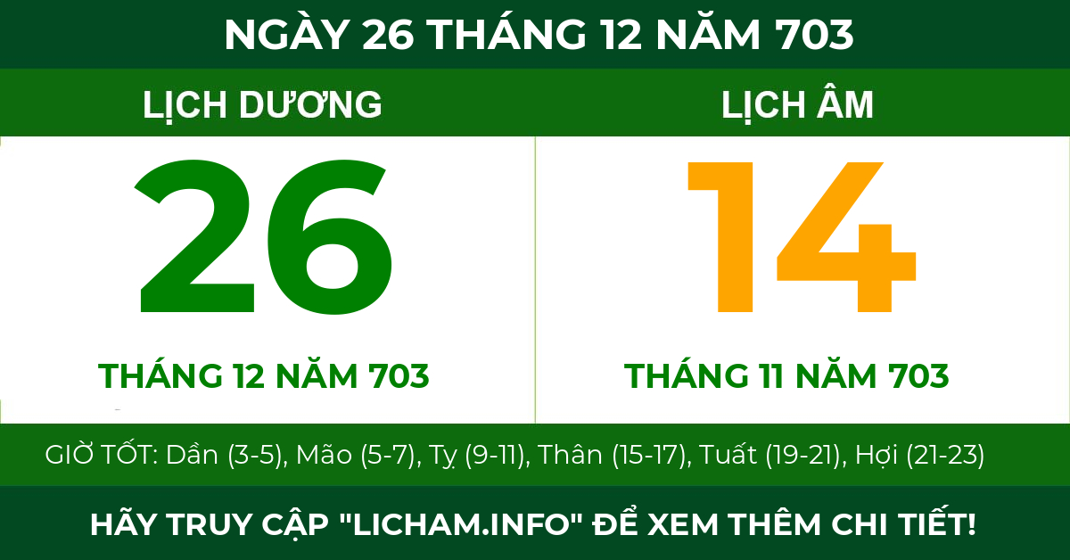 lịch âm ngày 26 tháng 12 năm 703