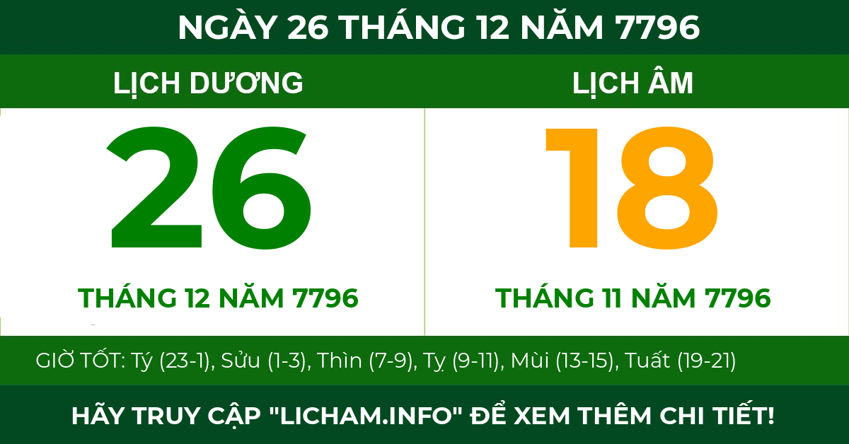 lịch âm ngày 26 tháng 12 năm 7796