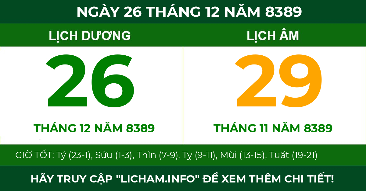lịch âm ngày 26 tháng 12 năm 8389