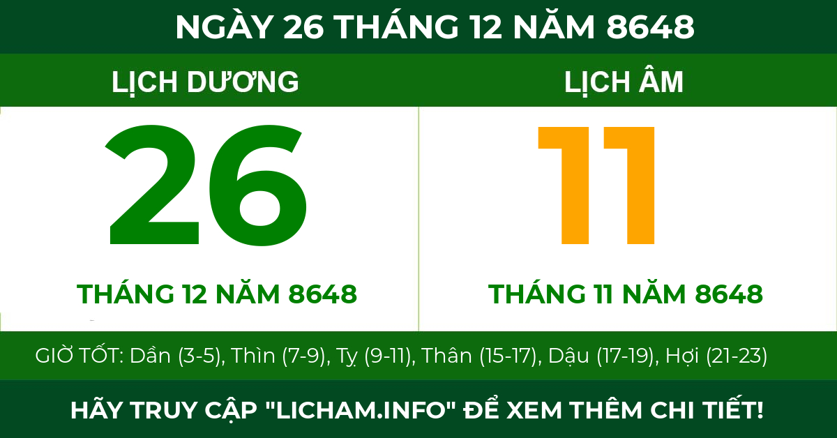 lịch âm ngày 26 tháng 12 năm 8648