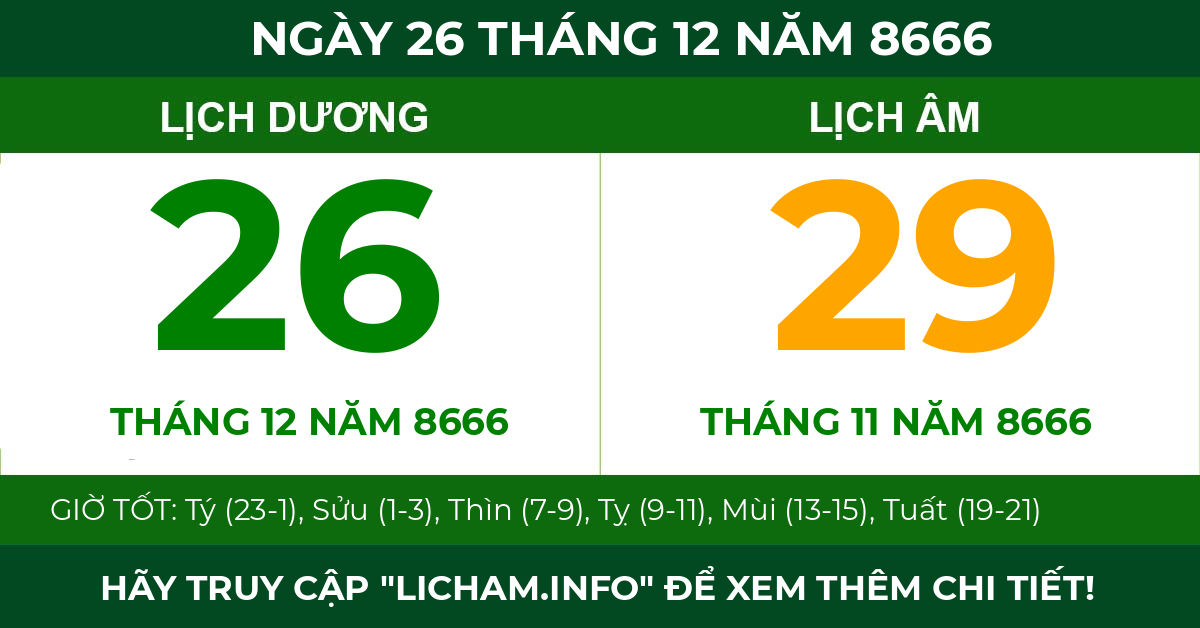lịch âm ngày 26 tháng 12 năm 8666