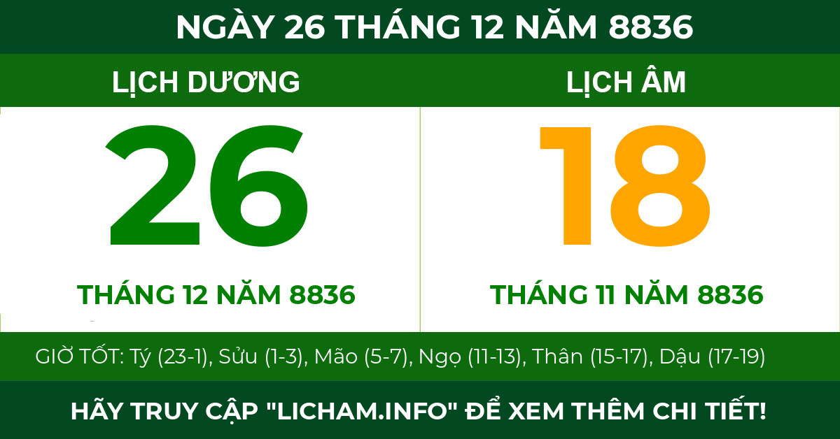 lịch âm ngày 26 tháng 12 năm 8836