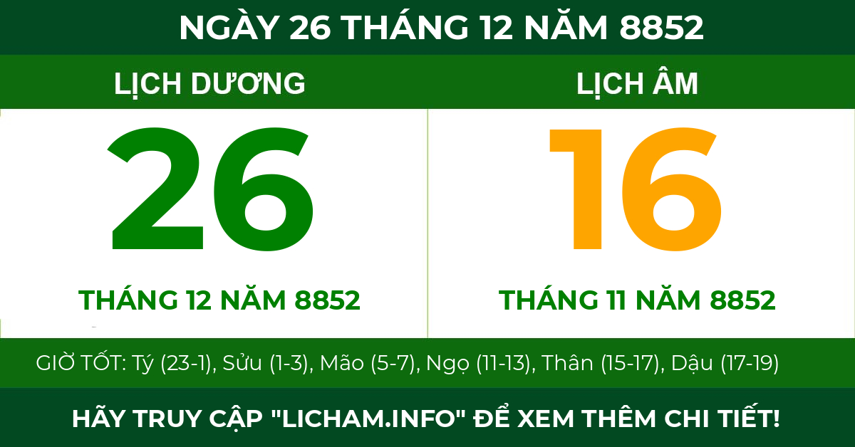 lịch âm ngày 26 tháng 12 năm 8852