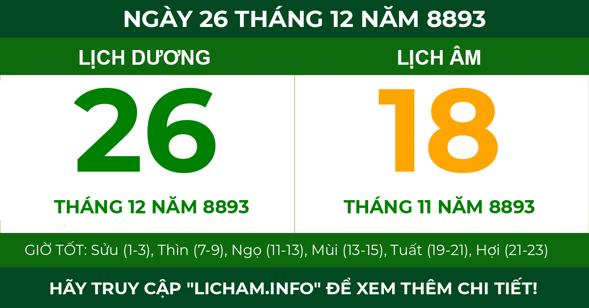 lịch âm ngày 26 tháng 12 năm 8893
