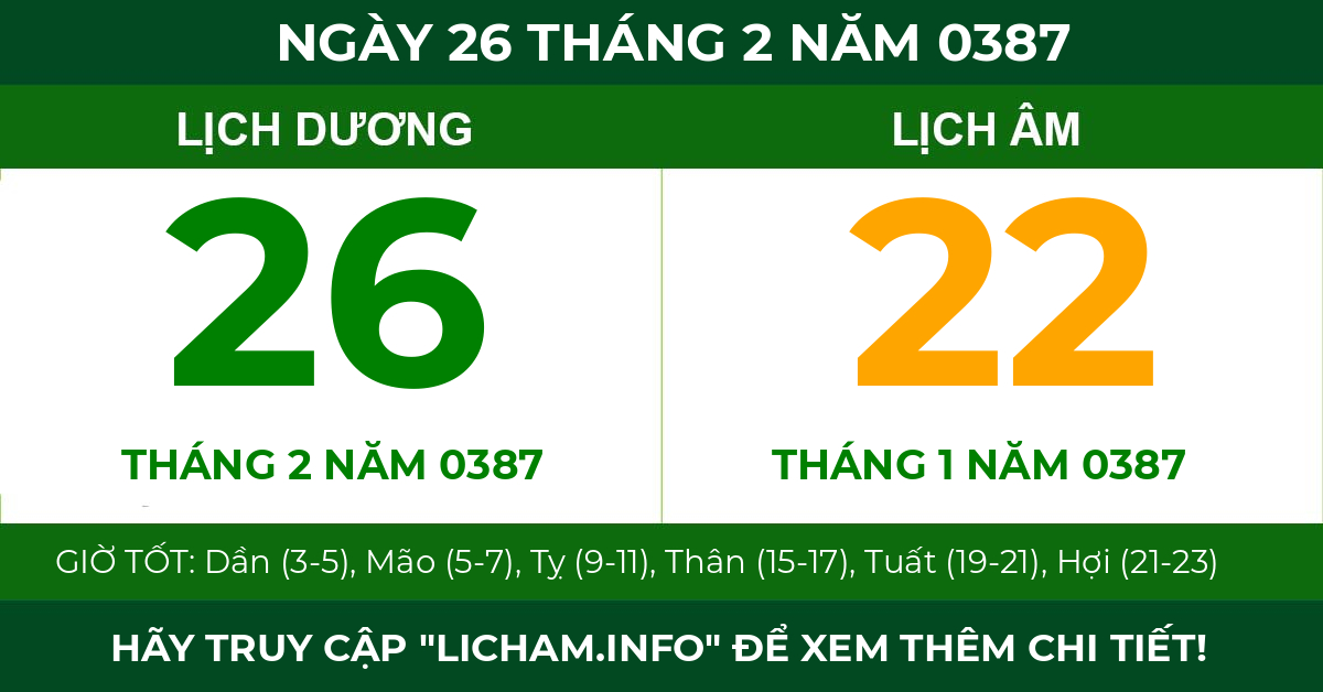 lịch âm ngày 26 tháng 2 năm 0387