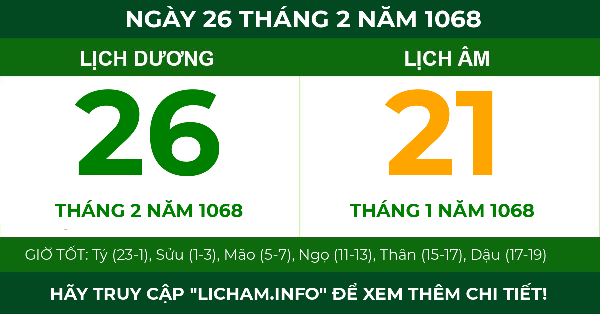 lịch âm ngày 26 tháng 2 năm 1068