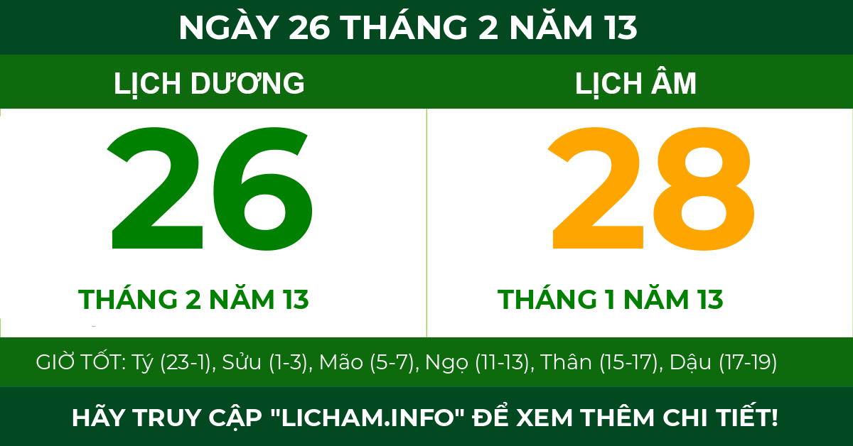 lịch âm ngày 26 tháng 2 năm 13