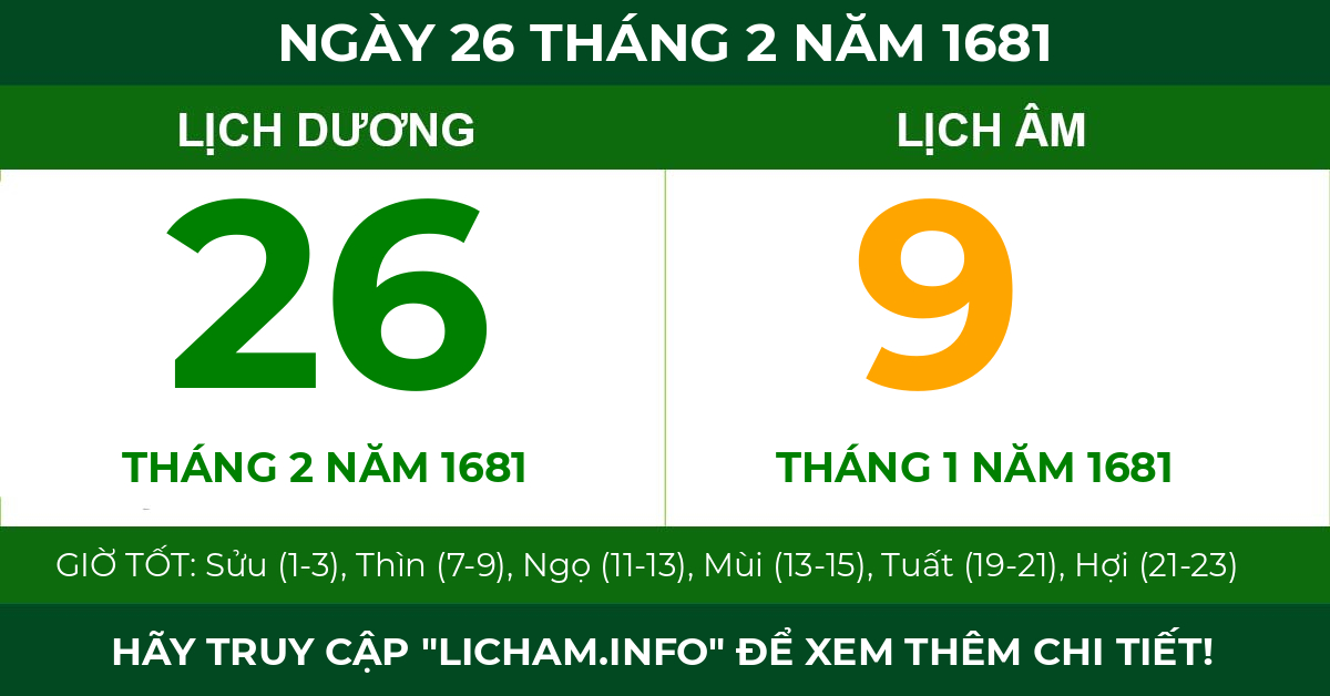 lịch âm ngày 26 tháng 2 năm 1681