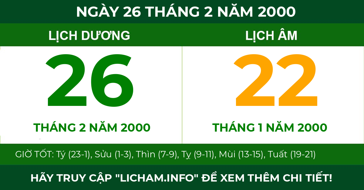lịch âm ngày 26 tháng 2 năm 2000