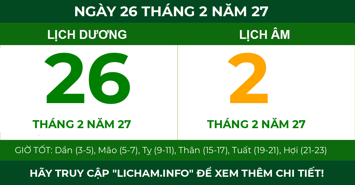 lịch âm ngày 26 tháng 2 năm 27