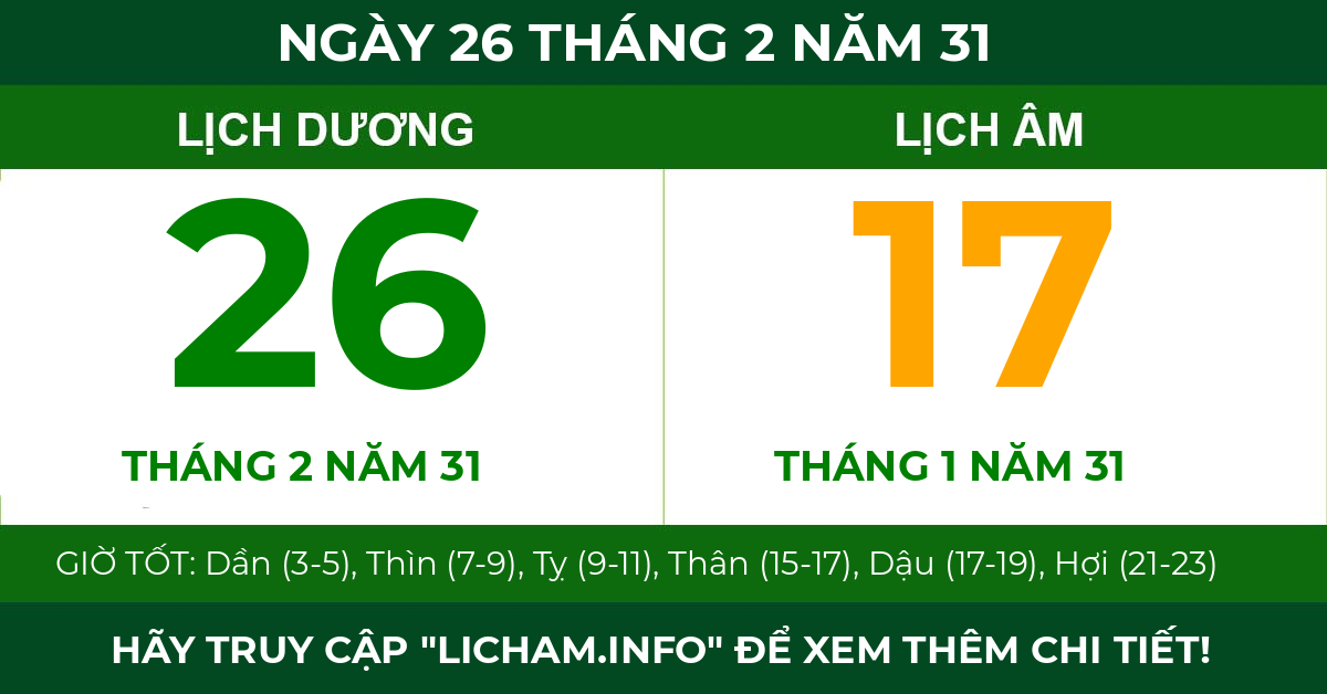 lịch âm ngày 26 tháng 2 năm 31