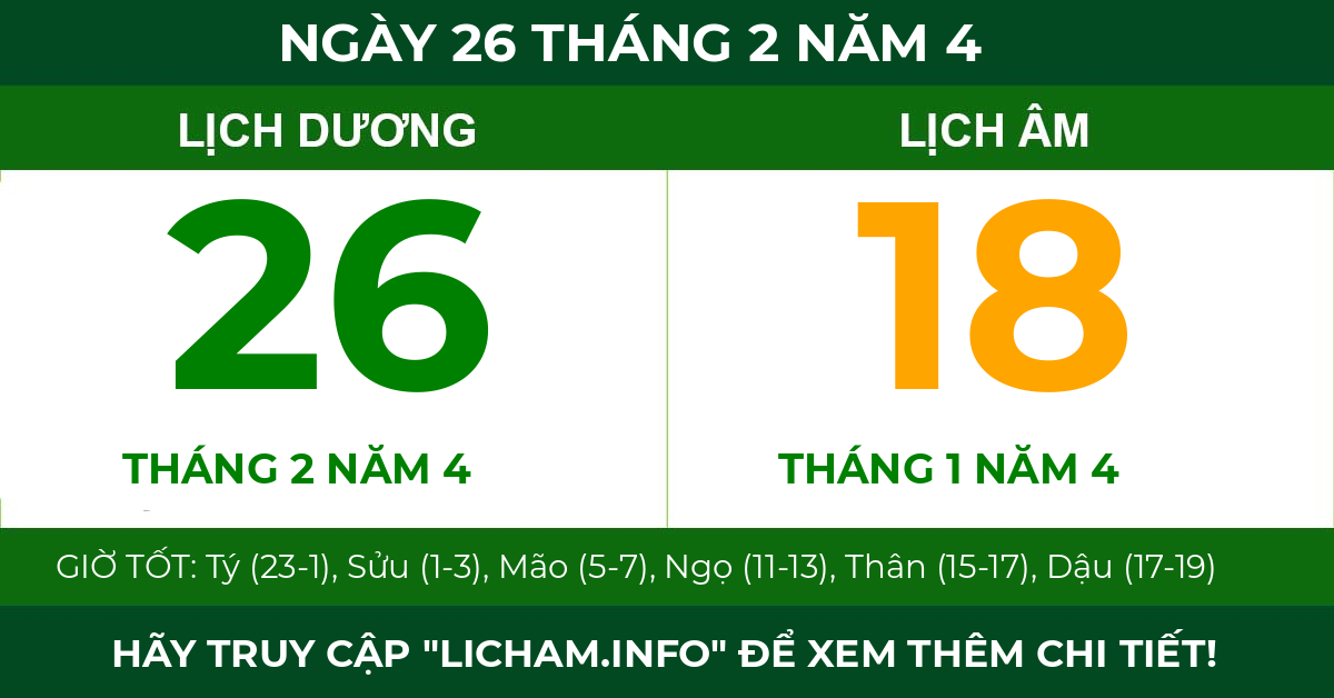 lịch âm ngày 26 tháng 2 năm 4