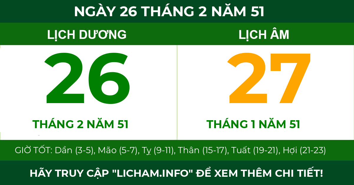 lịch âm ngày 26 tháng 2 năm 51