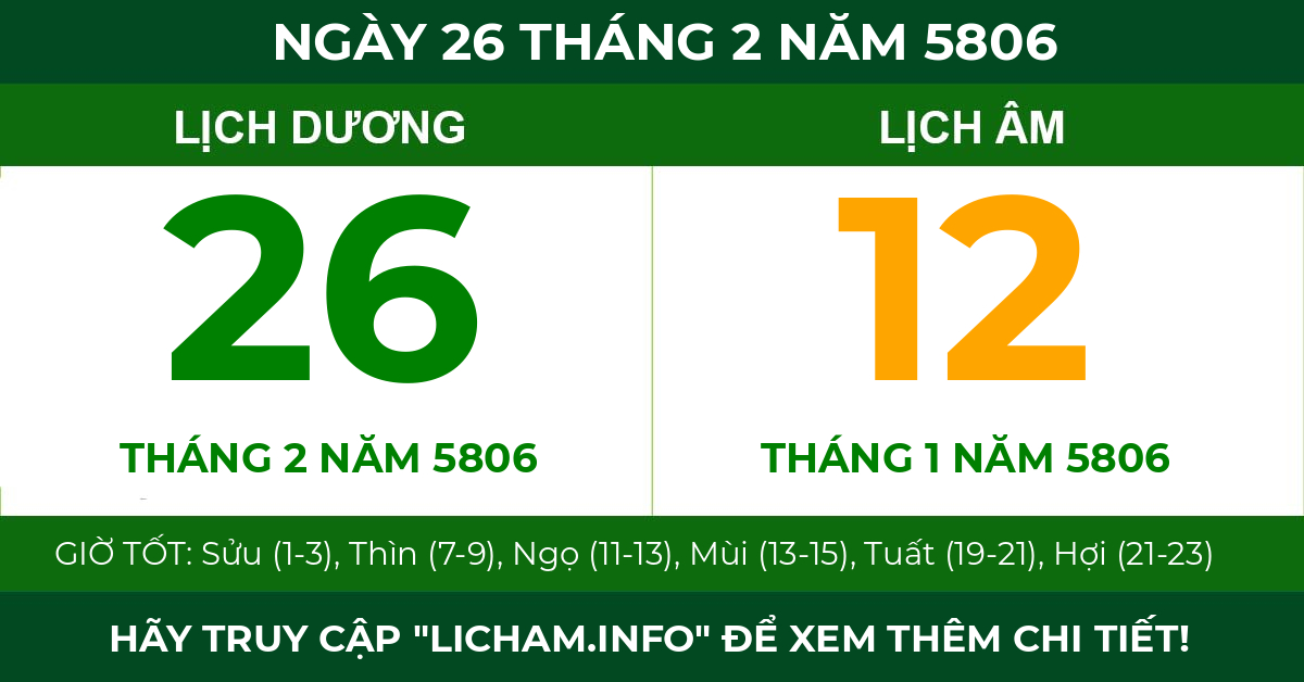 lịch âm ngày 26 tháng 2 năm 5806