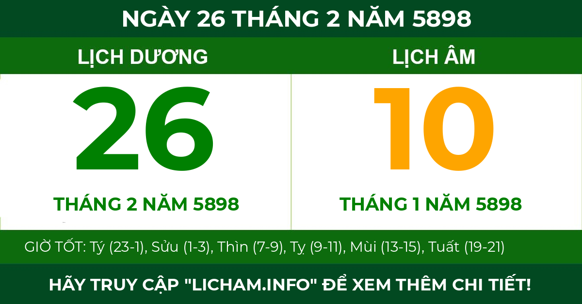 lịch âm ngày 26 tháng 2 năm 5898