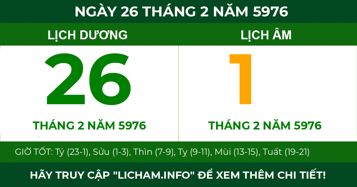 lịch âm ngày 26 tháng 2 năm 5976