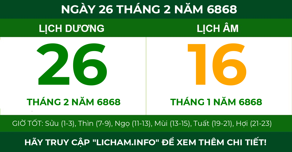 lịch âm ngày 26 tháng 2 năm 6868