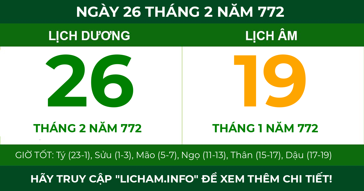 lịch âm ngày 26 tháng 2 năm 772