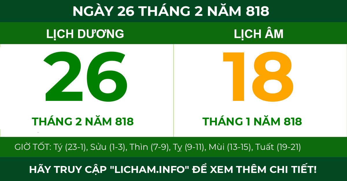 lịch âm ngày 26 tháng 2 năm 818