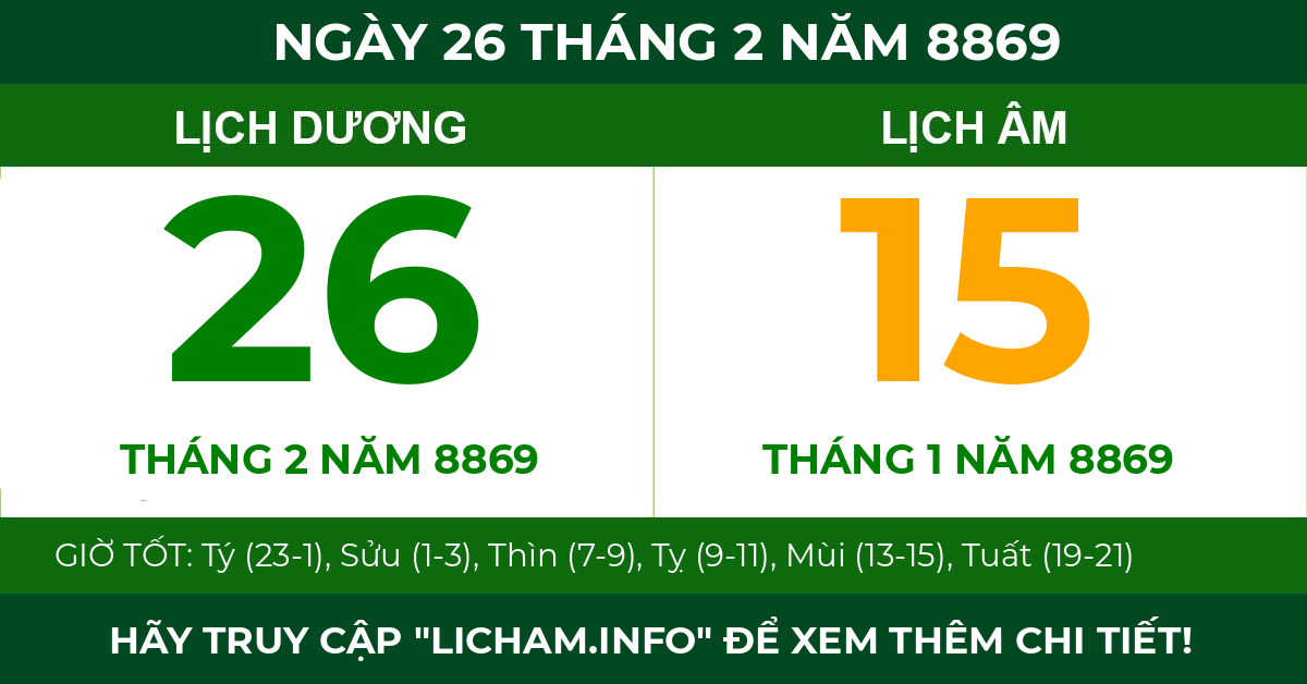lịch âm ngày 26 tháng 2 năm 8869