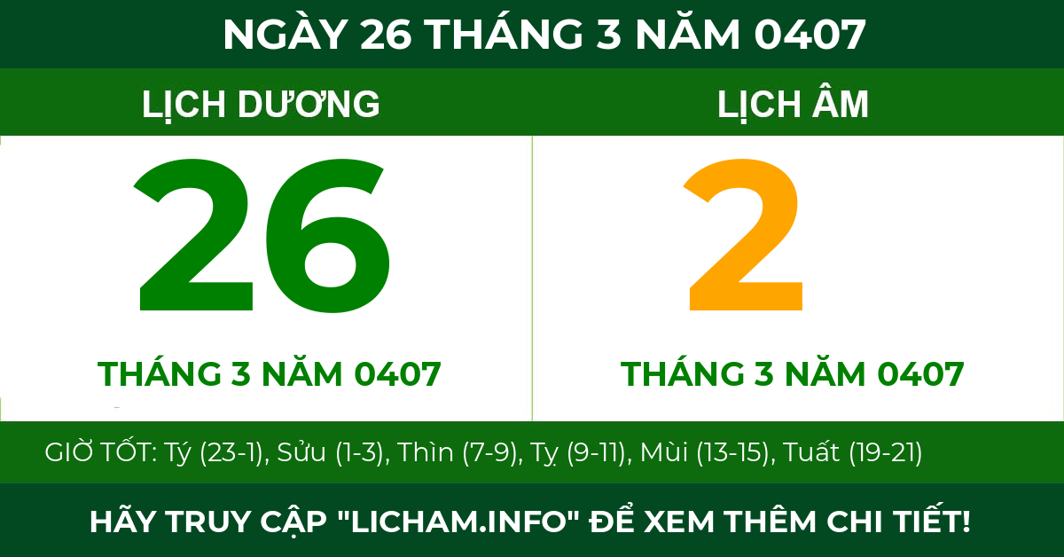 lịch âm ngày 26 tháng 3 năm 0407