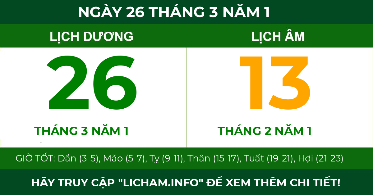 lịch âm ngày 26 tháng 3 năm 1