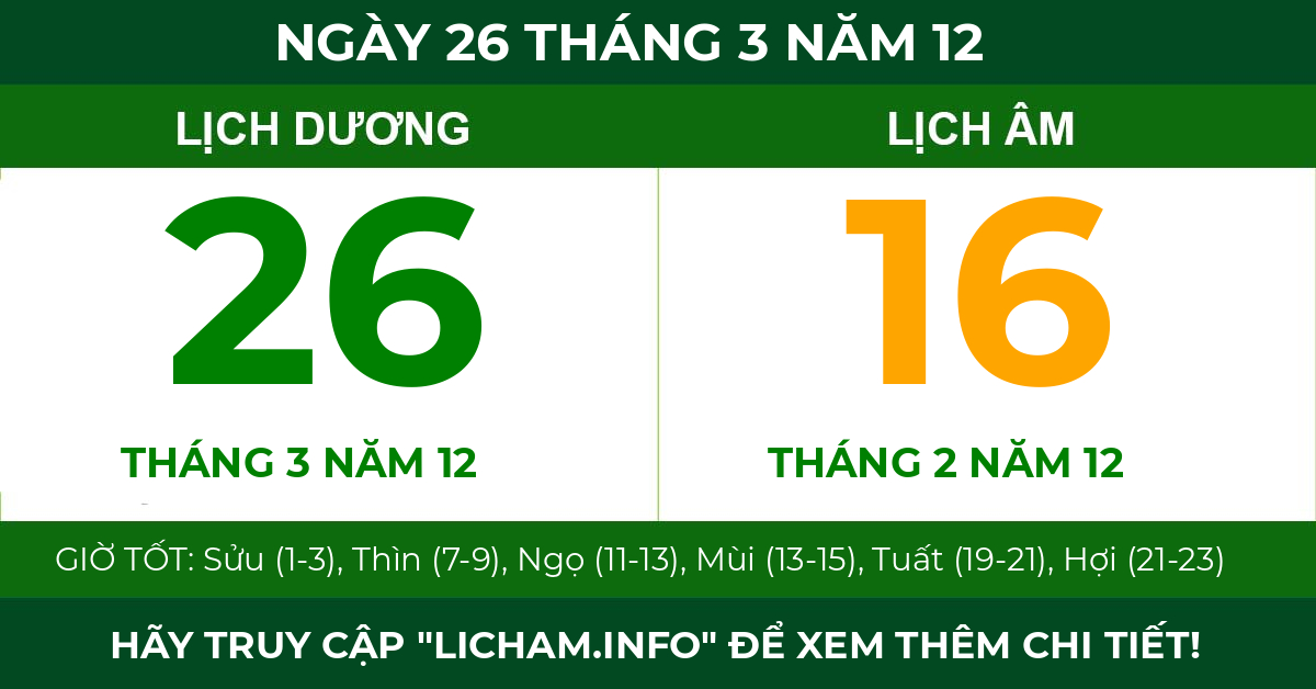 lịch âm ngày 26 tháng 3 năm 12