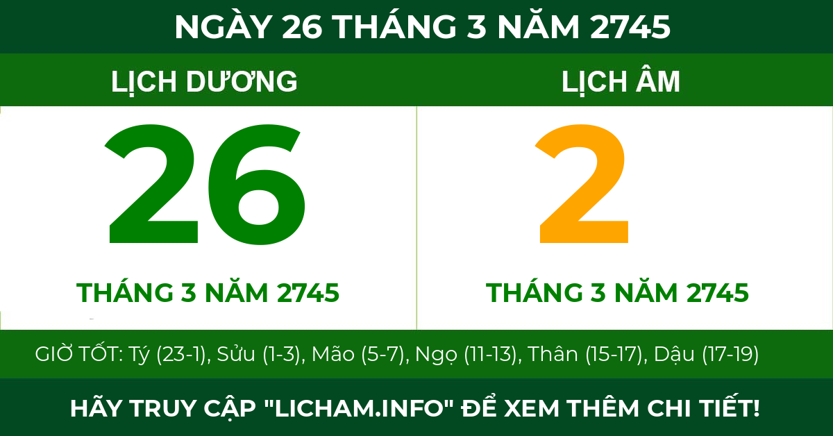 lịch âm ngày 26 tháng 3 năm 2745