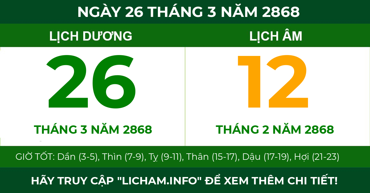 lịch âm ngày 26 tháng 3 năm 2868