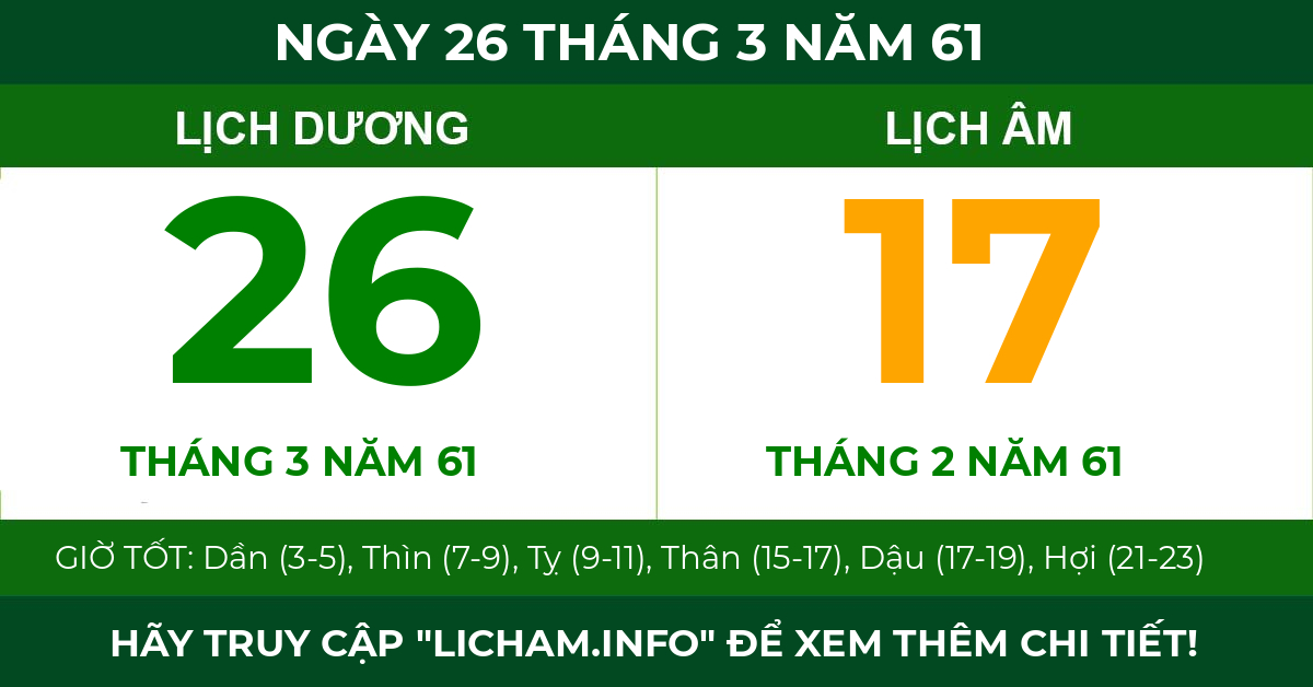 lịch âm ngày 26 tháng 3 năm 61