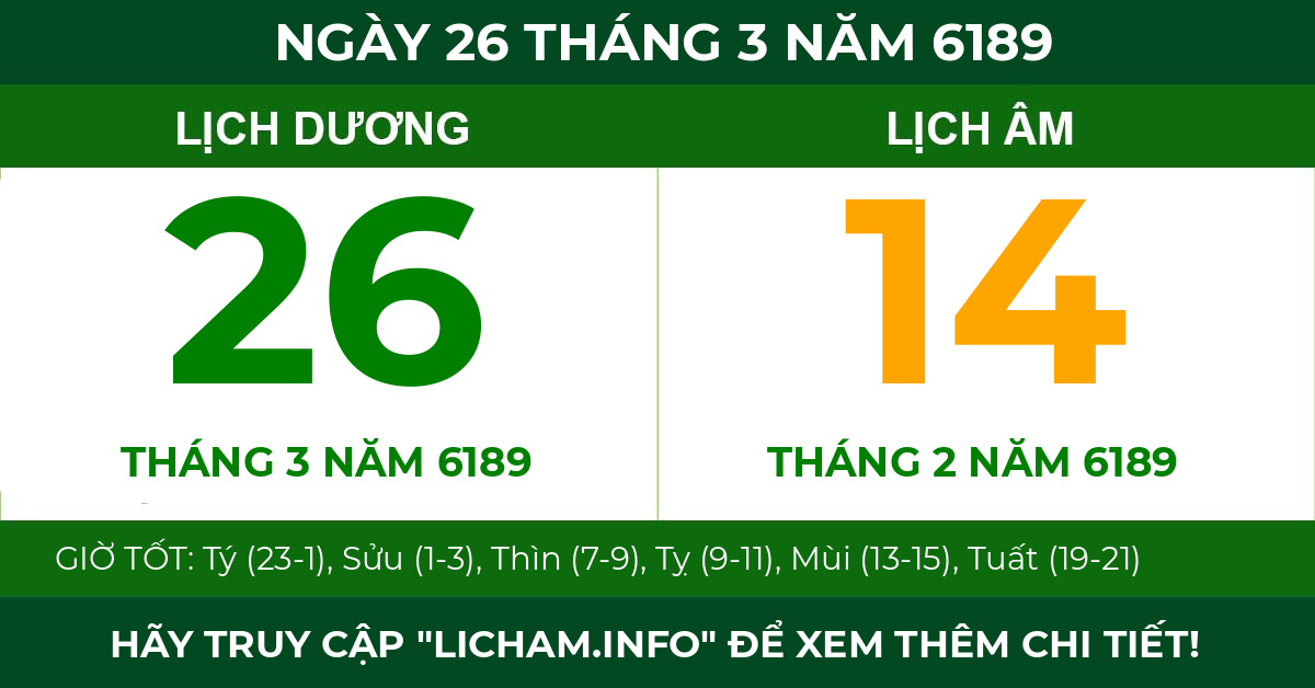 lịch âm ngày 26 tháng 3 năm 6189
