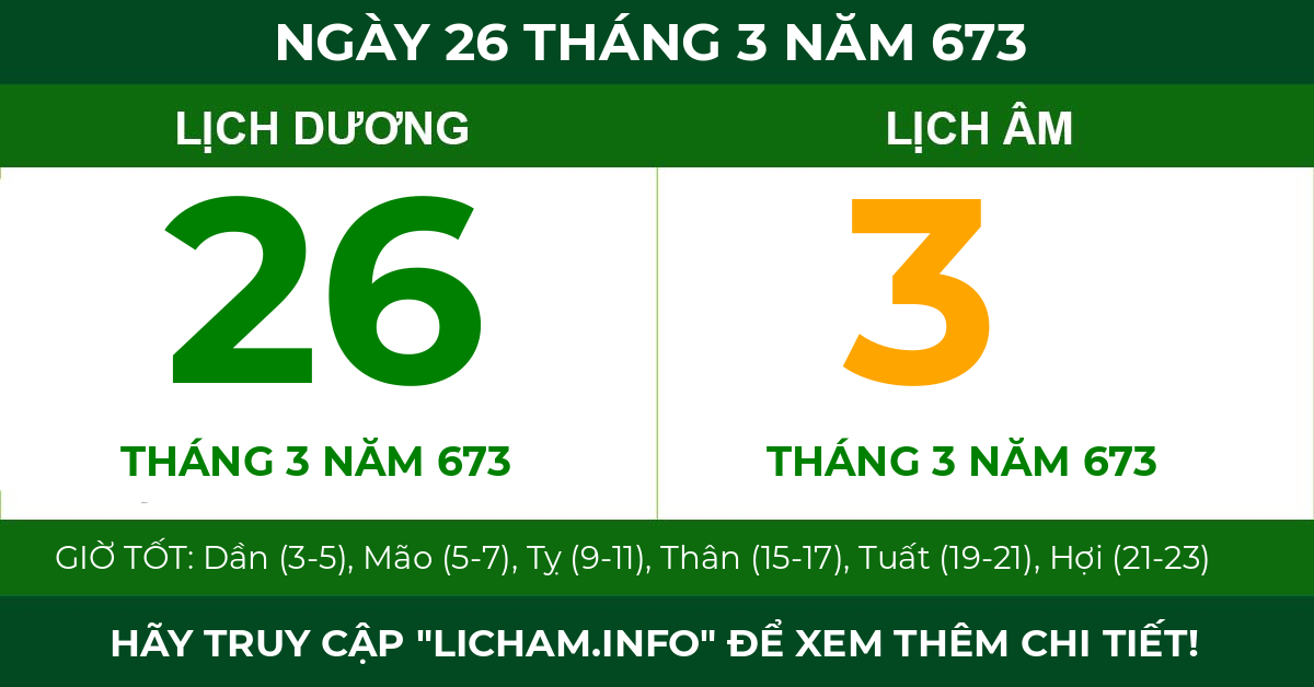 lịch âm ngày 26 tháng 3 năm 673
