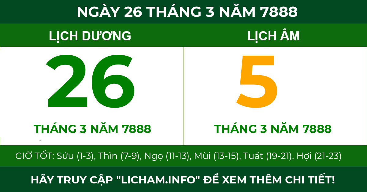 lịch âm ngày 26 tháng 3 năm 7888