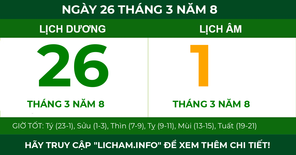 lịch âm ngày 26 tháng 3 năm 8