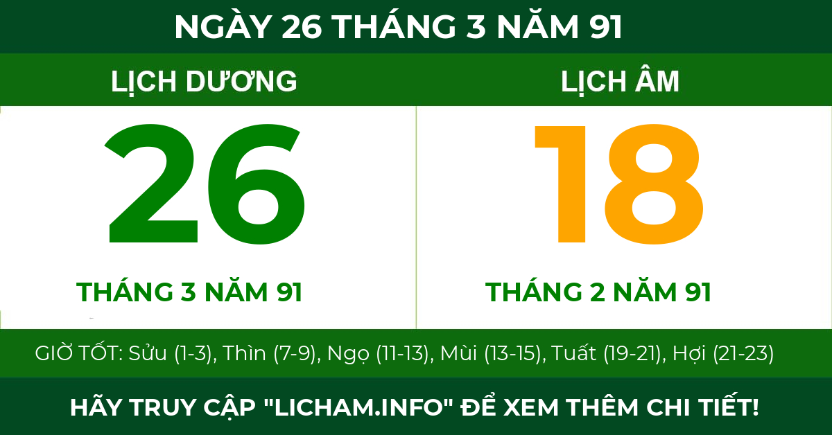 lịch âm ngày 26 tháng 3 năm 91
