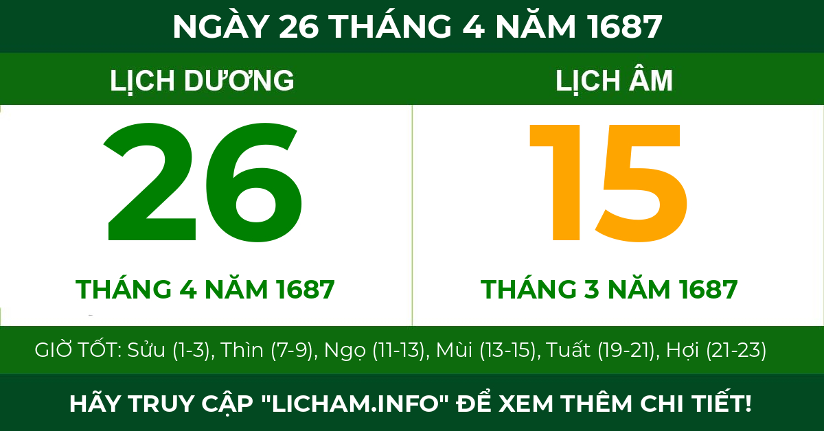 lịch âm ngày 26 tháng 4 năm 1687