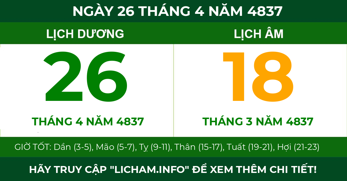 lịch âm ngày 26 tháng 4 năm 4837